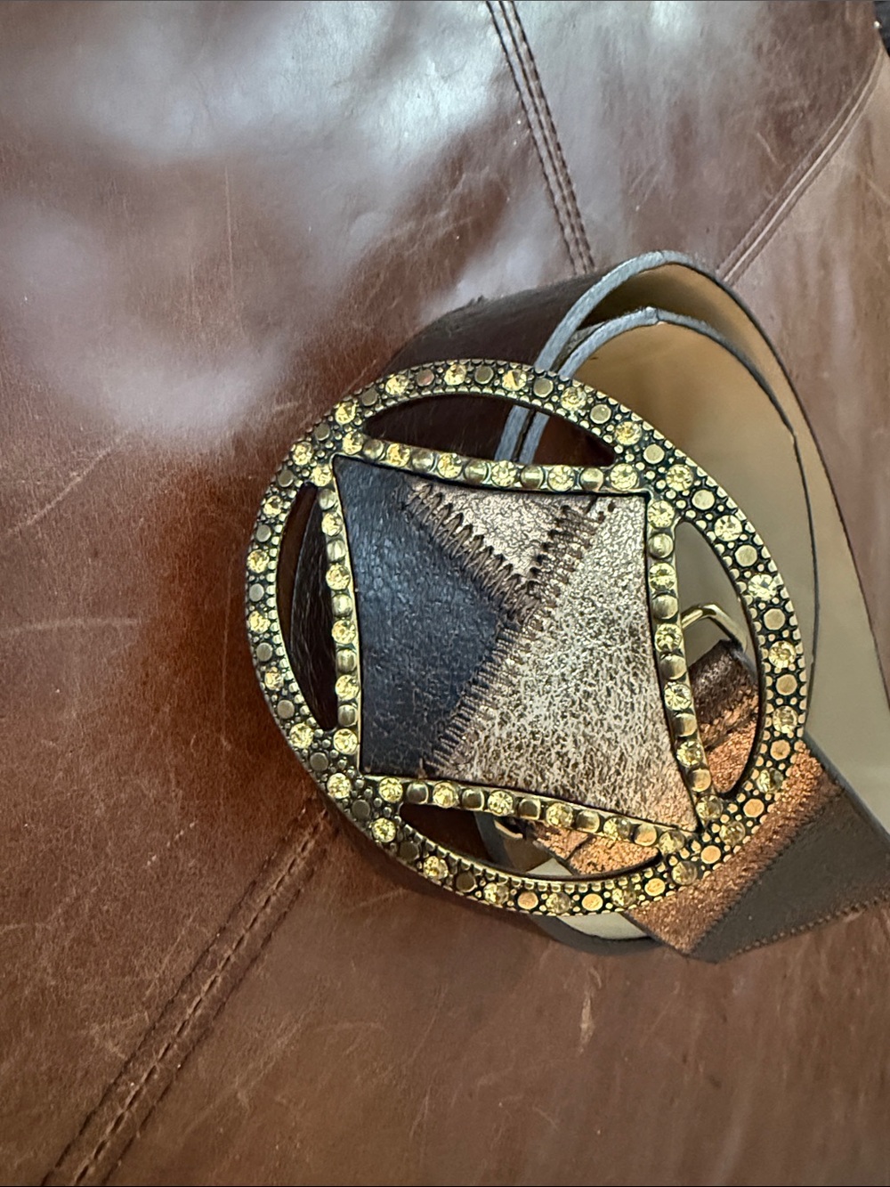 Chico’s Metallic Patchwork Faux Leather Belt with Rhinestone Buckle  Medium
